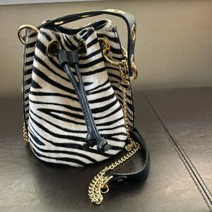 Zebra-Print Bucket Bag with Gold Chain Strap